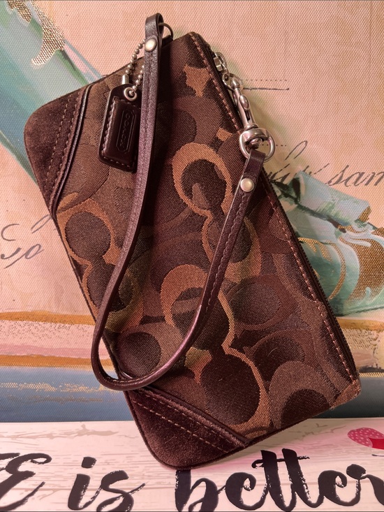 Coach Handbags - Coach Brown Signature Monogram Wristlet with Leather Strap
